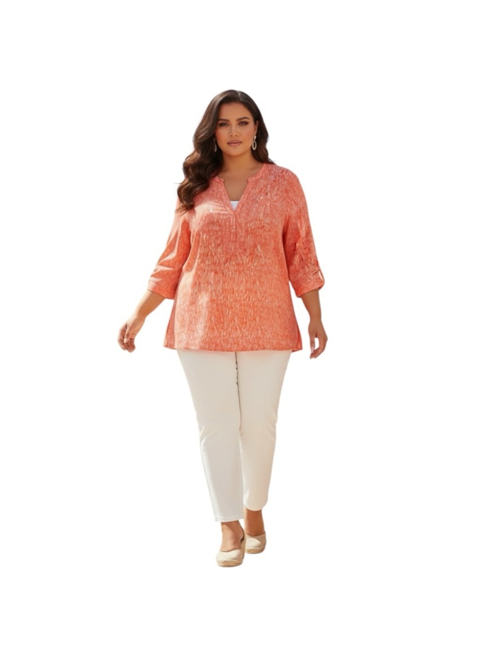 Roaman's Plus Size Coral-Orange V-Neck Tunic Top 24W